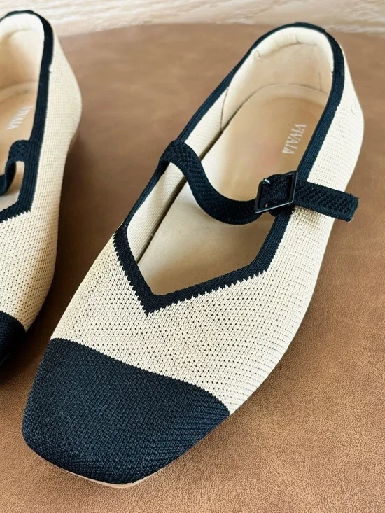 Vivaia NWOB Beige Mary Jane Knit Flats with Black Square Toe and Strap -Sz 41 - Picture 3 of 5